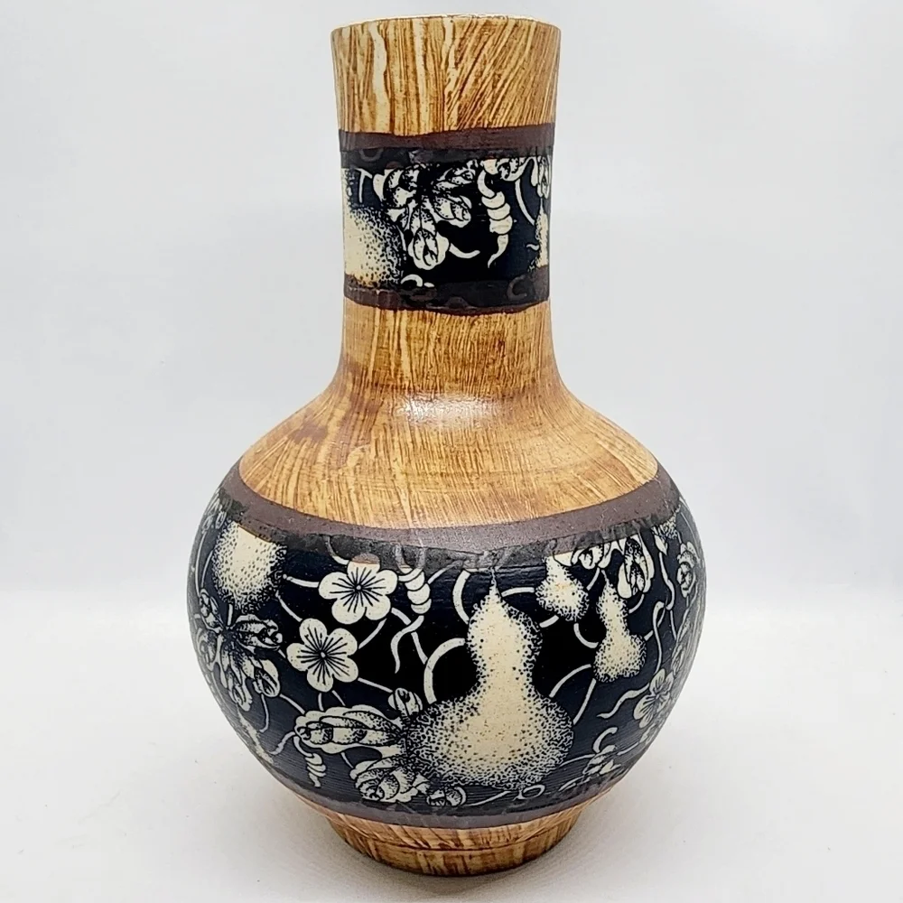 Vintage Antique Japanese Ice Plum Gourd Guanyin Imitation Wood Vase Set